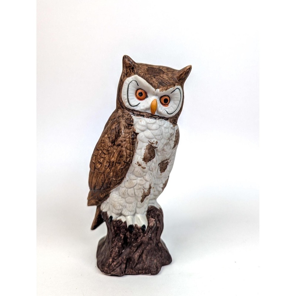 Vintage Ceramic Owl Figurine, Hand Painted Great Horned Owl Statue